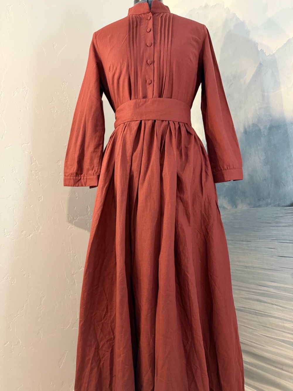 Rust/Wine Long Sleeve Maxi Dress with Pleated Bodice Vintage Style#151